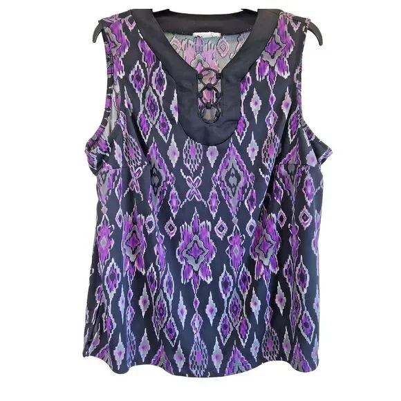 Dressbarn Women's Size 14/16 Purple Black Polyester Geometric Sleeveless Top - Picture 1 of 7